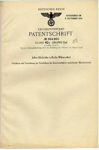 Original Patentschrift - Geschwindigkeitsmesser , J. Glücksohn in Berlin , 1936 !!!