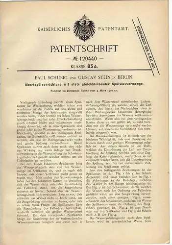 Original Patentschrift - Toilette , WC , Abort Spülung , 1900 , G. Stein in Berlin  !!!