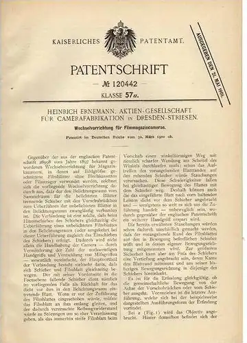 Original Patentschrift -  Film Camera , Photographie , 1900 , H. Ernemann AG in Dresden - Striesen!!!