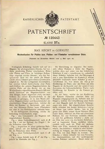 Original Patentschrift -  M. Hecht in Goerlitz , 1900, Photographie , Plattenhalter , Filmkasten !!!