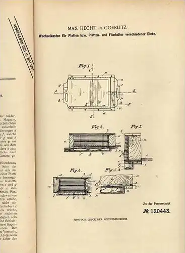 Original Patentschrift -  M. Hecht in Goerlitz , 1900, Photographie , Plattenhalter , Filmkasten !!!