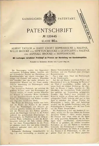 Original Patentschrift - Kunststeinplatten Maschine , 1899, A. Taylor in Hipperholme und Lightcliffe b. Halifax !!!