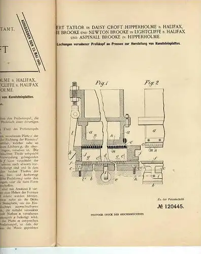 Original Patentschrift - Kunststeinplatten Maschine , 1899, A. Taylor in Hipperholme und Lightcliffe b. Halifax !!!