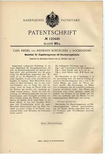 Original Patentschrift - C. Riedel in Rockendorf , Ziegelstrangpresse , 1900 !!!