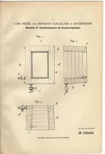 Original Patentschrift - C. Riedel in Rockendorf , Ziegelstrangpresse , 1900 !!!