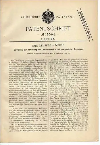Original Patentschrift - E. Deussen in Düren , Linoleum Mosaik , 1900 !!!