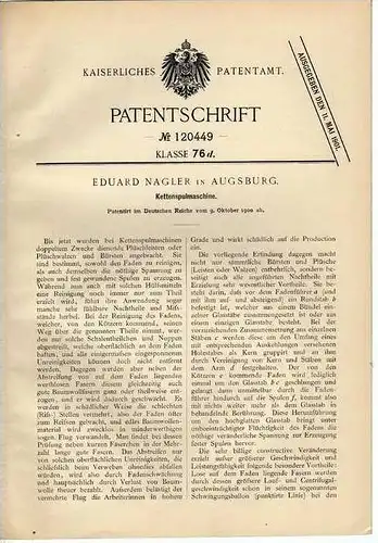 Original Patentschrift - Kettenspulmaschine , E. Nagler in Augsburg , 1900 !!!