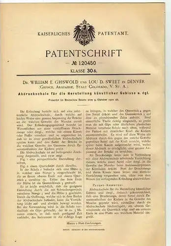 Original Patentschrift - Herstellung von Gebissen , Zahnarzt , 1900 , L. Sweet in Denver , Colorado , USA !!!