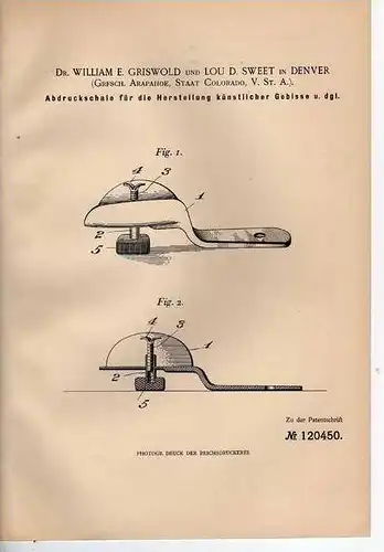 Original Patentschrift - Herstellung von Gebissen , Zahnarzt , 1900 , L. Sweet in Denver , Colorado , USA !!!