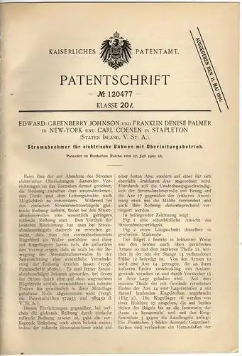 Original Patentschrift - Strassenbahn , O- Bus , 1900 , F. Palmer in New York und Stapleton , Staten Island , USA !!!