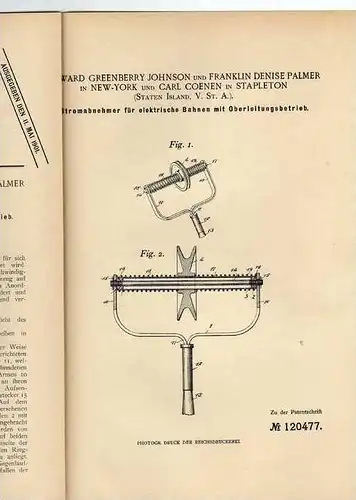 Original Patentschrift - Strassenbahn , O- Bus , 1900 , F. Palmer in New York und Stapleton , Staten Island , USA !!!