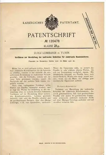 Original Patentschrift - Elektrischer Kondensator , L. Lombardi in Turin, 1900 !!!