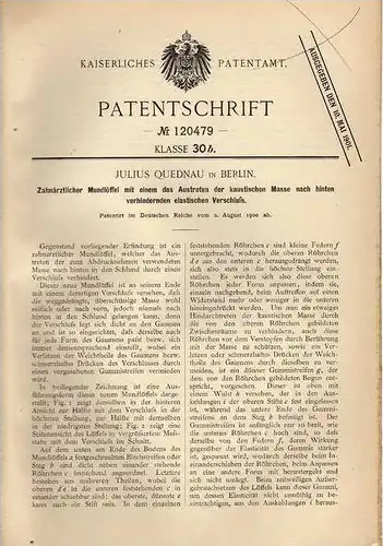 Original Patentschrift - Zahnarzt Mundlöffel , 1900 ,  J. Quednau in Berlin !!!