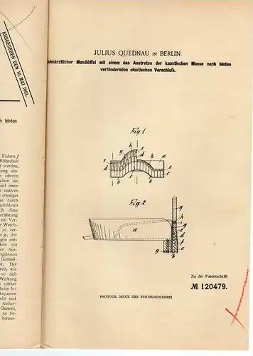 Original Patentschrift - Zahnarzt Mundlöffel , 1900 ,  J. Quednau in Berlin !!!