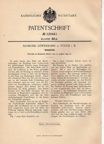 Original Patentschrift - Schutzbrille für Bergwerk , 1899 , S. Löwensohn in Fürth !!!