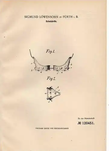 Original Patentschrift - Schutzbrille für Bergwerk , 1899 , S. Löwensohn in Fürth !!!