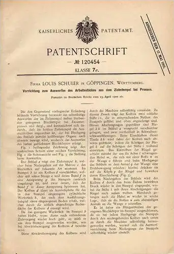 Original Patentschrift - Fa. L. Schuler in Göppingen , Württemberg , 1900, Presse !!!