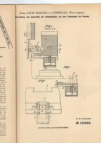 Original Patentschrift - Fa. L. Schuler in Göppingen , Württemberg , 1900, Presse !!!