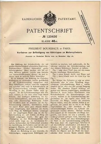 Original Patentschrift - Kühlrippen an Motorcylindern , 1899, P. Bourdiaux in Paris !!!