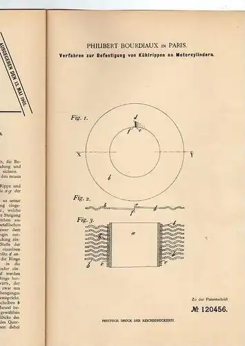 Original Patentschrift - Kühlrippen an Motorcylindern , 1899, P. Bourdiaux in Paris !!!