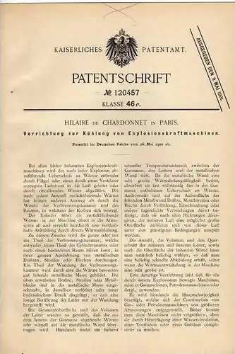 Original Patentschrift - Kühlung von Explosionskraftmaschinen , 1900, H. de Chardonnet in Paris !!!