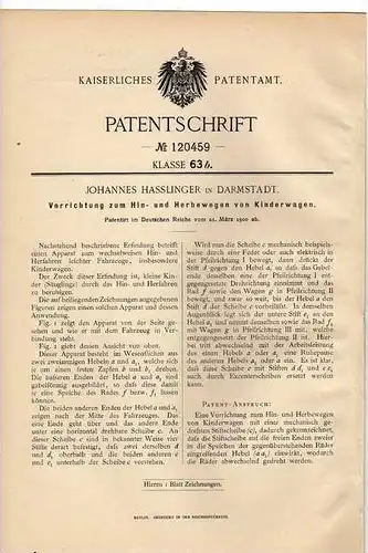 Original Patentschrift - J. Hasslinger in Darmstadt , 1900 , Kinderwagen  !!!