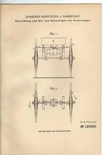 Original Patentschrift - J. Hasslinger in Darmstadt , 1900 , Kinderwagen  !!!