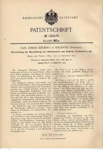 Original Patentschrift - Hohlkörper aus Cement , 1900, J. Kielberg in Hilleröd , Dänemark ,  Maurer , Bau !!!