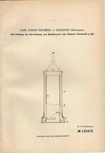 Original Patentschrift - Hohlkörper aus Cement , 1900, J. Kielberg in Hilleröd , Dänemark ,  Maurer , Bau !!!