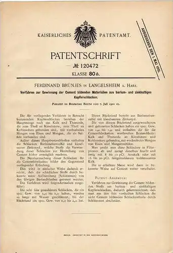 Original Patentschrift -  F. Brünjes in Langelsheim a. Harz , Cement Gewinnung , 1900 !!!
