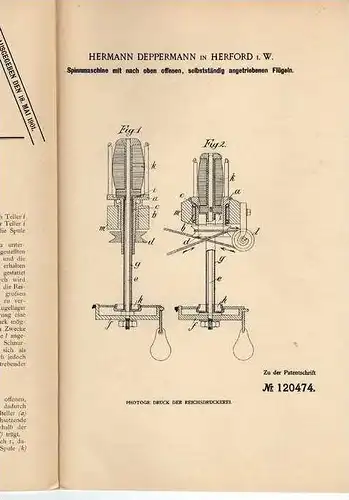 Original Patentschrift -  Spinnmaschine , 1900,  H. Deppermann in Herford , 1900!!!