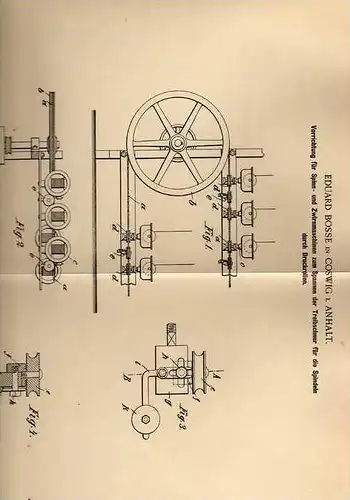 Original Patentschrift - E. Bosse in Coswig i. Anhalt , 1899, Spinn- und Zwirnmaschine  !!!