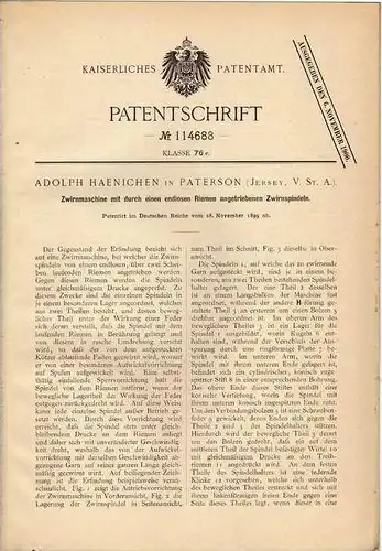 Original Patentschrift - Zwirnmaschine , Näherei , A. Haenichen in Paterson , Jersey , USA  !!!