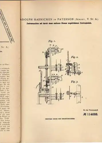 Original Patentschrift - Zwirnmaschine , Näherei , A. Haenichen in Paterson , Jersey , USA  !!!
