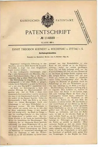 Original Patentschrift - E. Kleinert in Reichenau b. Zittau , Sachsen , 1899, Kopierer ,  Kartenkopiermaschine !!!