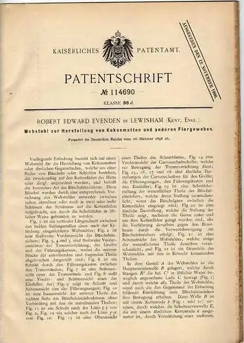 Original Patentschrift - Webstuhl für Kokosmatten , 1898 , R. Evenden in Evenden , Kent , England !!!