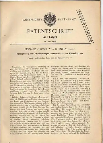 Original Patentschrift - Webstuhl , Weberei , 1899 , B. Crossley in Burnley , England !!!