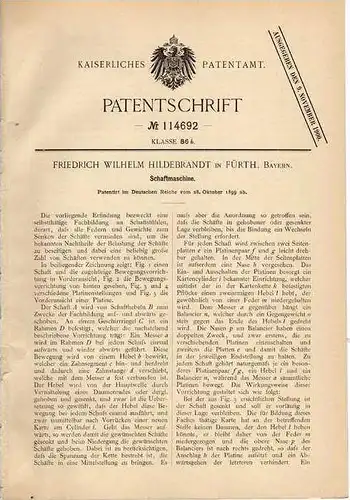 Original Patentschrift - F. Hildebrandt  in Fürth , Bayern , 1899 , Schaftmaschine !!!