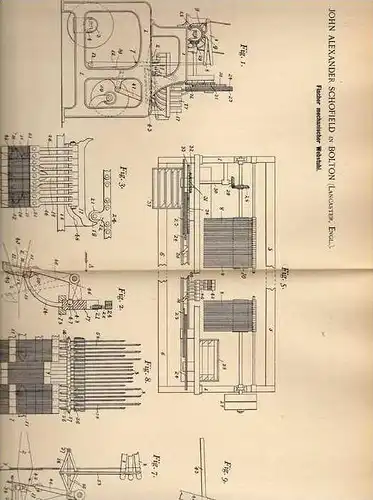 Original Patentschrift - Webstuhl , Weberei , 1899, J. Schofield in Bolton , Lancaster in England !!!