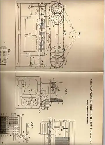 Original Patentschrift - Webstuhl , Weberei , 1899, J. Schofield in Bolton , Lancaster in England !!!