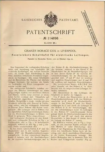 Original Patentschrift - feuersichere Schalttafel , 1899, C.H. Cox in Liverpool !!!