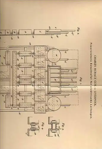 Original Patentschrift - feuersichere Schalttafel , 1899, C.H. Cox in Liverpool !!!