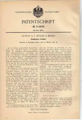 Original Patentschrift - Irrigator , Arzt , Medizin ,  1899, G. Müller in Berlin !!!