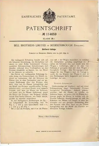 Original Patentschrift - Gießerei , Eisengießerei , Kran , 1899 , Brothers Ltd. in Middlesbrough , England  !!!