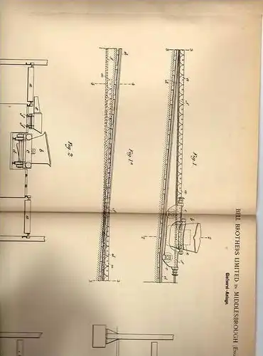 Original Patentschrift - Gießerei , Eisengießerei , Kran , 1899 , Brothers Ltd. in Middlesbrough , England  !!!