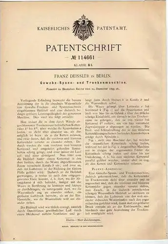 Original Patentschrift - Gewebemaschine , Franz Deissler in Berlin , 1899 !!!