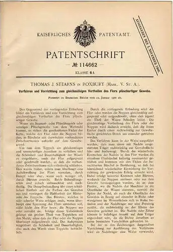 Original Patentschrift - Maschine für Teppiche , 1900, T. Stearns in Roxbury , USA  !!!
