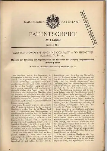 Original Patentschrift - Schreibmaschine , Erzeugung von Lettern , 1897, Monotype Company in Washington , USA  !!!