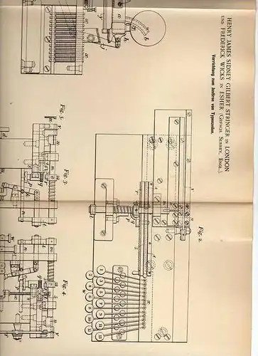 Original Patentschrift - Setzmaschine , Setzerei , 1899, H. Stringer in London und Esher !!!