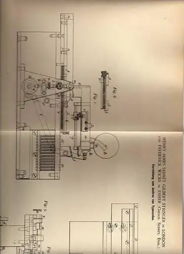 Original Patentschrift - Setzmaschine , Setzerei , 1899, H. Stringer in London und Esher !!!